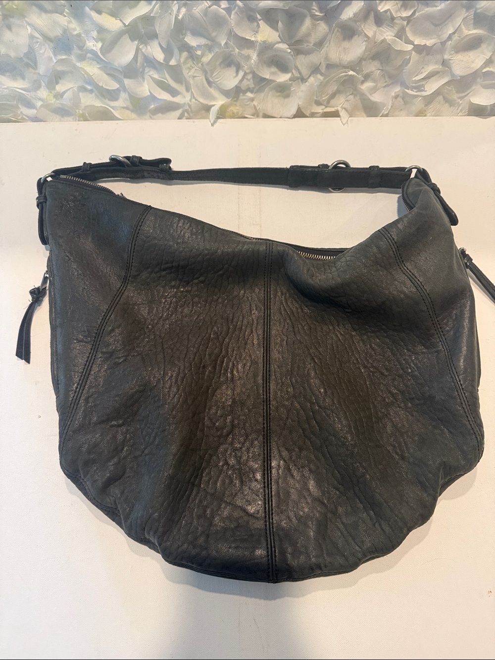 Textured Black Leather Hobo Shoulder Bag